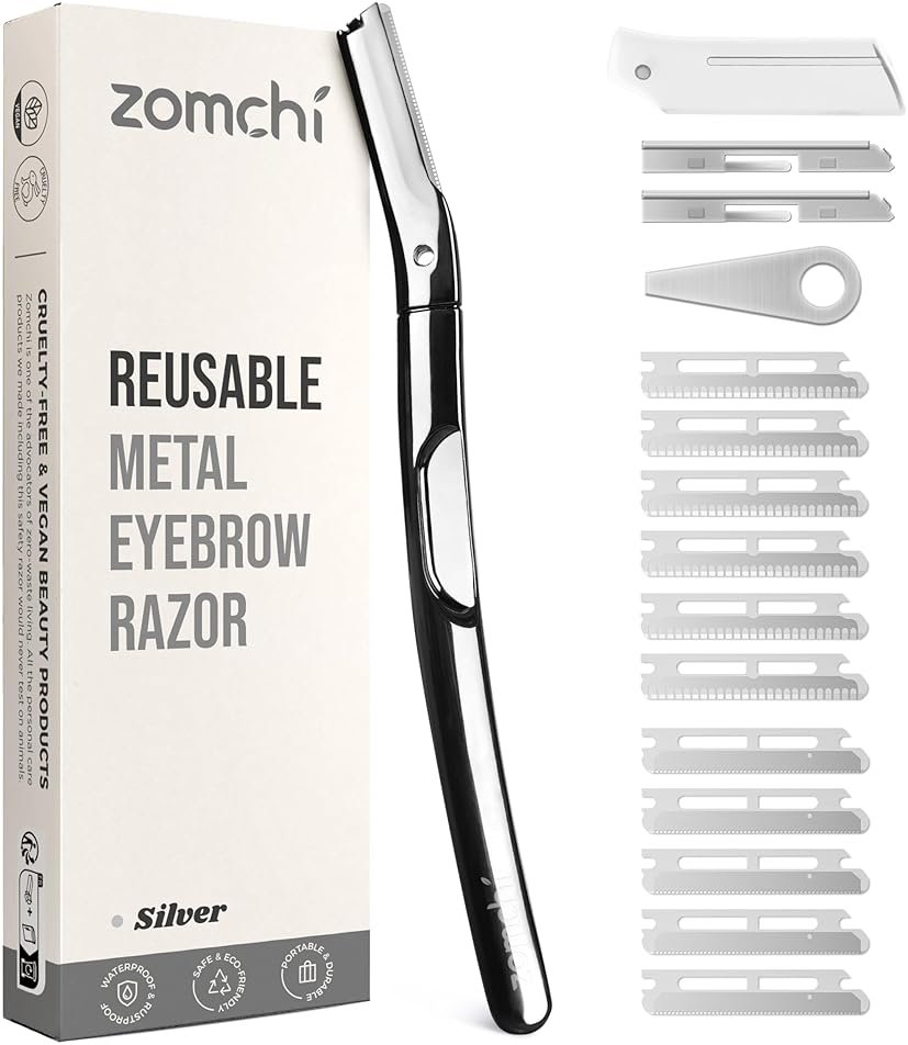ZOMCHI Eyebrow Razor and Face Razor for Women and Men, Reusable Metal Handle with 11 Refill Blades, Dermaplane Razor with Protective Silicone Cap, Eyebrow Hair Trimmer - Polished Silver - Product Image