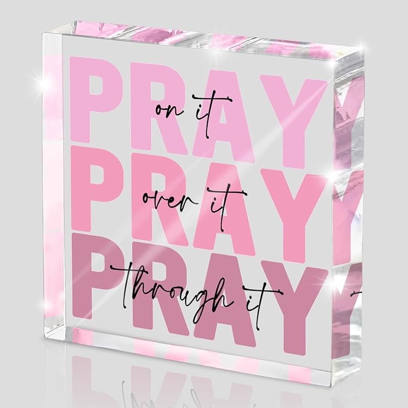 Pink Inspirational Decor Pray Over It Bible Verse Wall Art Christian Gifts for Women, 4x 4 Inches Office Desk Accessories Decor Sign, Pink Dorm Room Decoration for Women - Pray on it Pray through it - Product Image