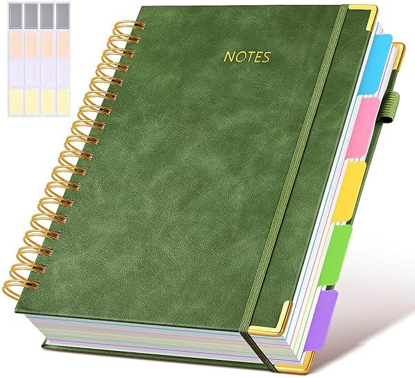 Hardcover Spiral Notebook journal with Removable Dividers Tabs, 300 Pages Leather 5 Subject Notebook College Ruled, 8"x10" Large B5 Notebooks for Work School Note taking, Lined Journal for Women,Green - Product Image