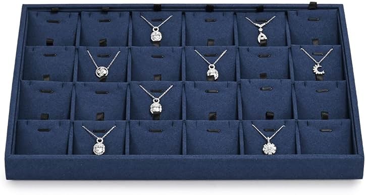 Papten 24 Grids Microfiber Necklace Tray Jewelry Display Tray Necklace Holder Display Trays for Drawers With Removable Jewelery Cards Necklace Pendant Bracelet Storage Tray (Blue) - Product Image