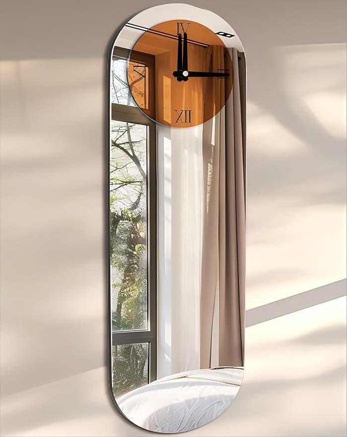 Artloge Art Deco Wall Clock: 39.3x12.6 inch Oval Decorative Mirrored Clock with Brown and Silver Glass Mirror Beveled Edge Frame, Luxury Modern Home Decoration for Livingroom Entryway - Product Image