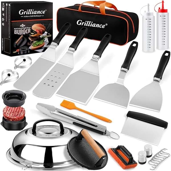 Grilliance 27pcs Griddle Accessories Kit for Blackstone, Professional Hibachi Flat Top Grill Tools, Enlarged Spatula Gift Set with Basting Cover，Burger Press Patty Maker for Outdoor BBQ Teppanyaki - Product Image