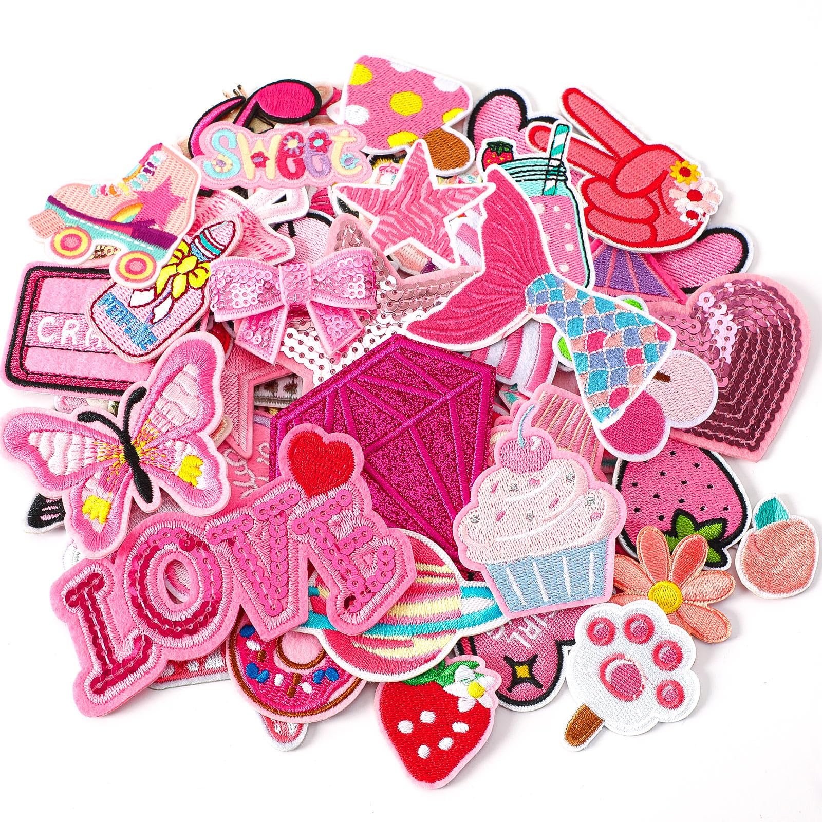 36pcs Pink Embroidered Patches Random Assorted Styles Pink Theme Iron on Patches for Girls Western Cowgirl DIY Sew Applique Repair Patch Cute Preppy Sew on Patches for Backpacks Pants Clothes Jeans - Product Image