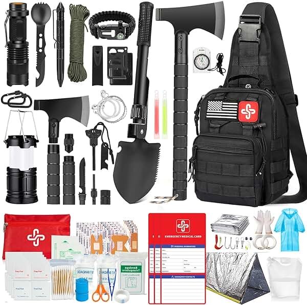 Survival Kit, 262Pcs Survival Gear and Supplies with First Aid Kit Pouch and Crossbody Bag, Emergency Kit with Tent, Camping Axe Hammer, Survival Shovel w/Pick, Bug Out Bag Gifts for Men Women - Product Image