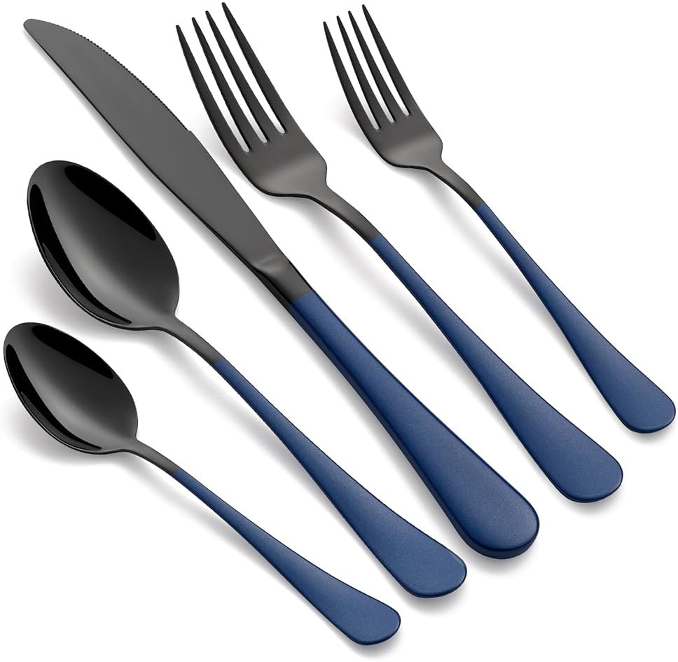 LKTDYMEG 20-Piece Black and Dark Blue Silverware Set 18/0 Stainless Steel Silverware Set Dark Blue Handle Cutlery Set Service for 4 Dinner Knives Forks Spoons Set Flatware Set Finish Dishwasher Safe - Product Image