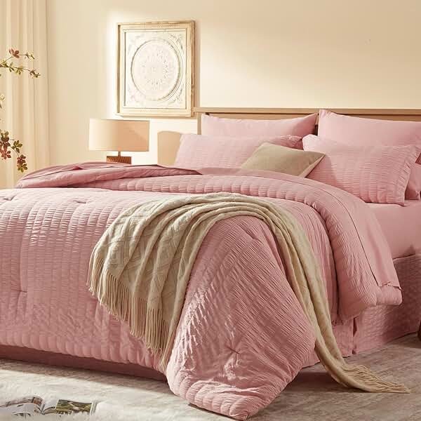 Laojin Balhen Queen Comforter Set 7 Pieces, Pink Seersucker Bed in a Bag Set Queen Size, All Season Luxury Bedding Sets with Comforter, Sheets, Pillowcase & Sham - Product Image