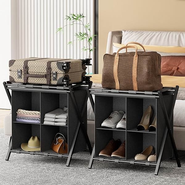 Huhote Luggage Rack for Guest Room, Set of 2, Folding Suitcase Stand with Fabric Storage Shelf, Luggage Holder, Steel Foldable Luggage Stand for Guest Room, Bedroom, Hotel, Black - Product Image