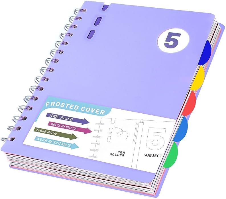 FLYING EAGLE 5 Subject Notebook Wide Ruled Spiral Notebook 5x7, A5 Small Notebook with Remoable Dividers, Hardcover Notebooks for Work, 204 Pages Lined Journal for Women, Violet - Product Image