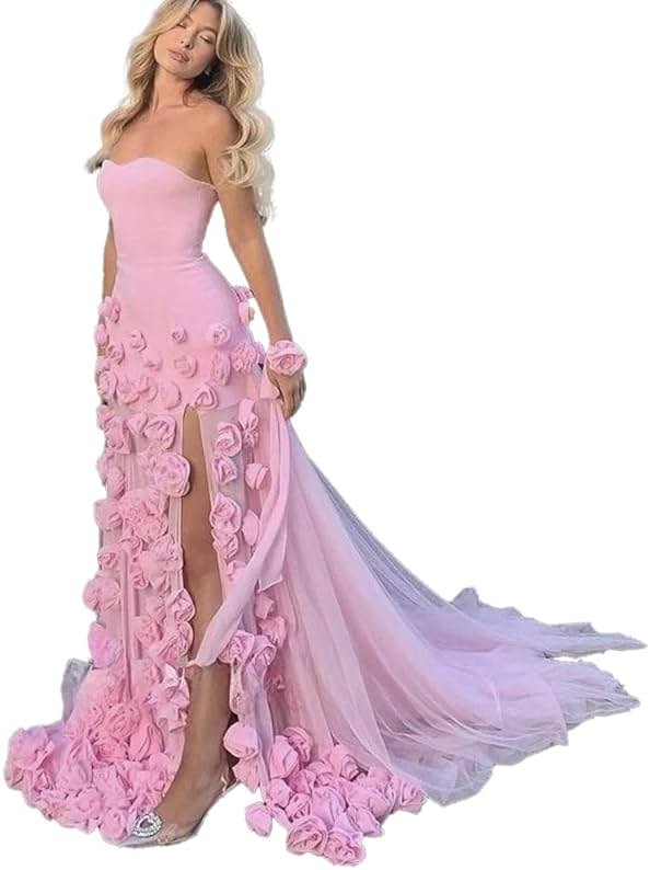 Women's Tulle Mermaid Prom Dresses with Slit 3D Flower Fairy Graduation Party Dress Strapless Formal Evening Gowns YH07 - Product Image