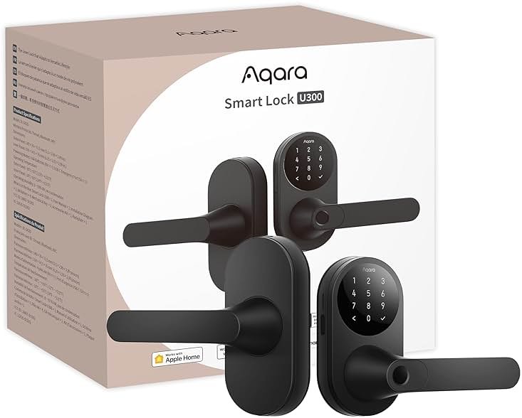Aqara Smart Lock U300, Fingerprint Keyless Entry Door Lock with Handle, Matter Over Thread with Apple Home Keys, Touchscreen Keypad, Smart Lever Lock Supports Apple Home, Alexa, Google, IFTTT, Black - Product Image
