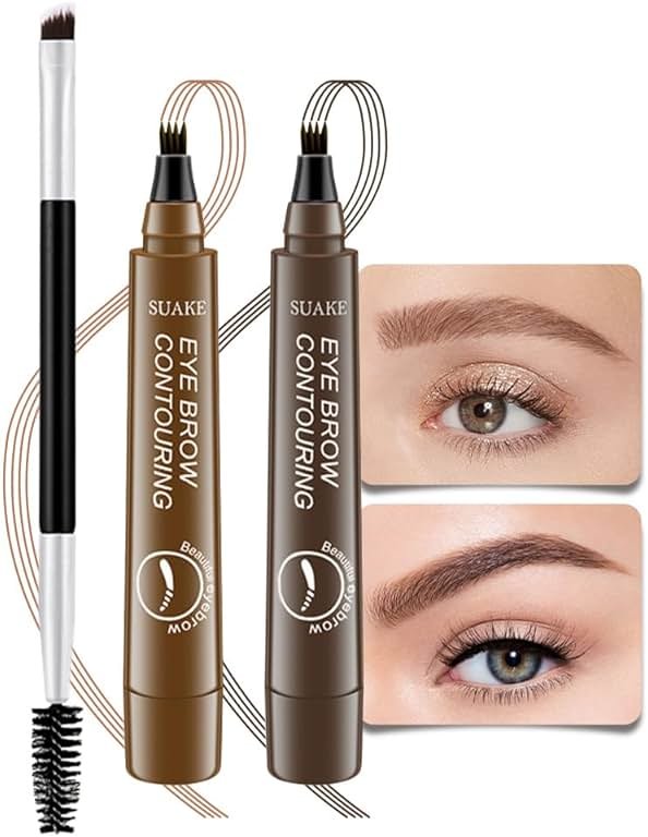 Kaely 2Pcs Light Dark Brown Microblade Eyebrow Pen with Brush, Magical Precise Waterproof Brow Pen, 4 Tip Eyebrow Contouring Eye Brow Pencils for Women, Creates Natural Brows, Sponge Head 01+02 - Product Image