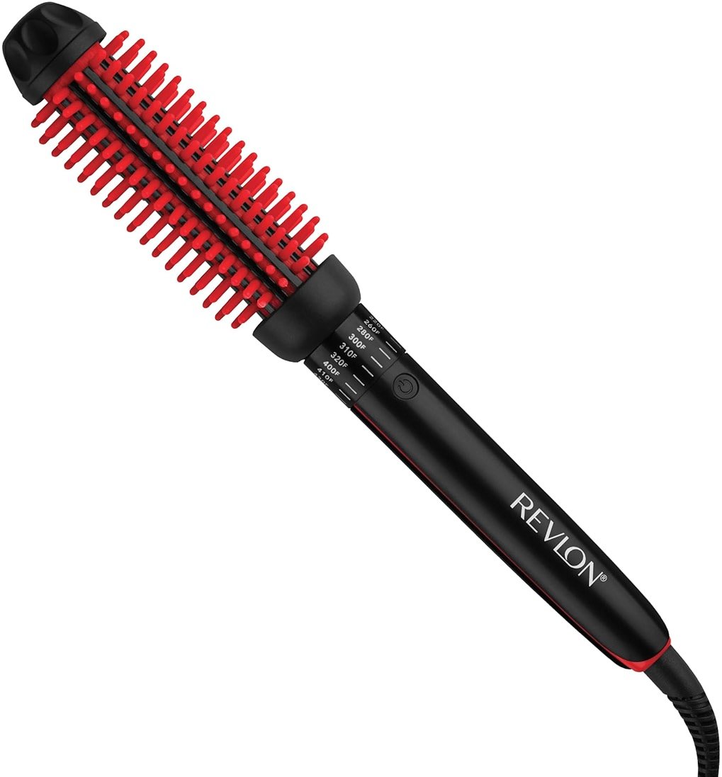 REVLON SmoothStay Coconut Oil Infused Heated Styling Brush, 1 Inch Thermal Round Curling Tool, Silicone Bristles, Adjustable Temperatures, Shiny Voluminous Finish, Black/Red - Product Image