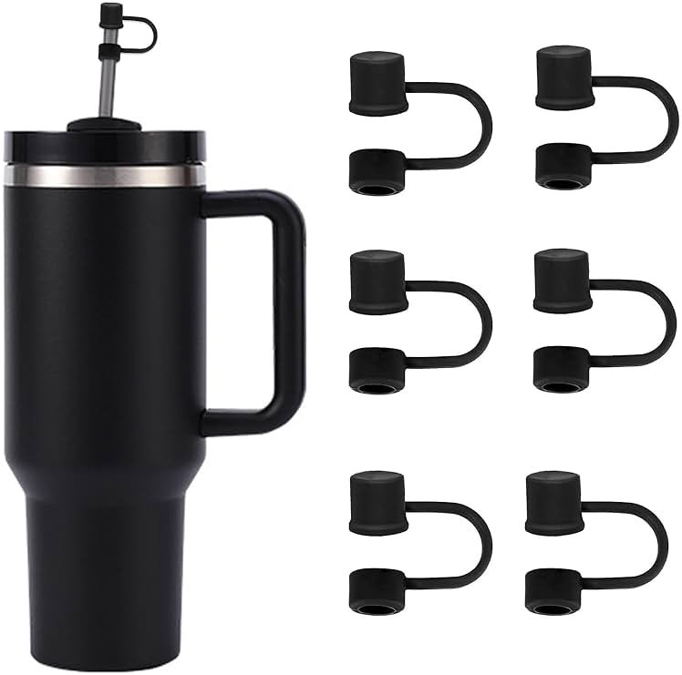 CEDIDJAC 6PCS Silicone Straw Covers Cap Compatible with Stanley Cup 30-40 oz Tumbler with Handle 10mm Straw Toppers，Dust-Proof Reusable Straw Cover for Stanley Cup Accessories (Black) - Product Image