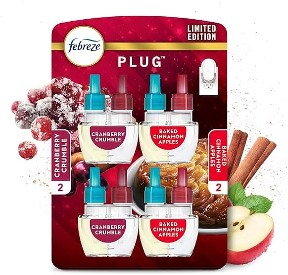 Febreze Odor-Fighting Fade Defy PLUG Air Freshener Baked Cinnamon Apple, Cranberry Crumble, .87 fl. oz. Oil Refill, 2 of Each - Product Image