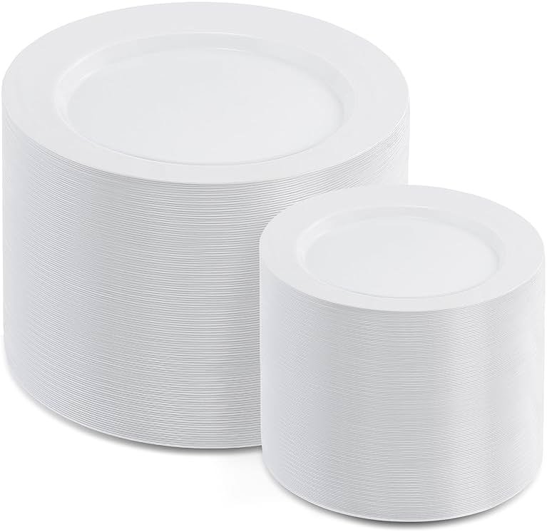 AOZITA 200 PCS White Plastic Plates, Premium Heavy Duty Disposable Plates for Party, 100 Dinner Plates & 100 Salad Dessert Plates, Sturdy Hard Plastic Dinnerware for Wedding, Events - Product Image