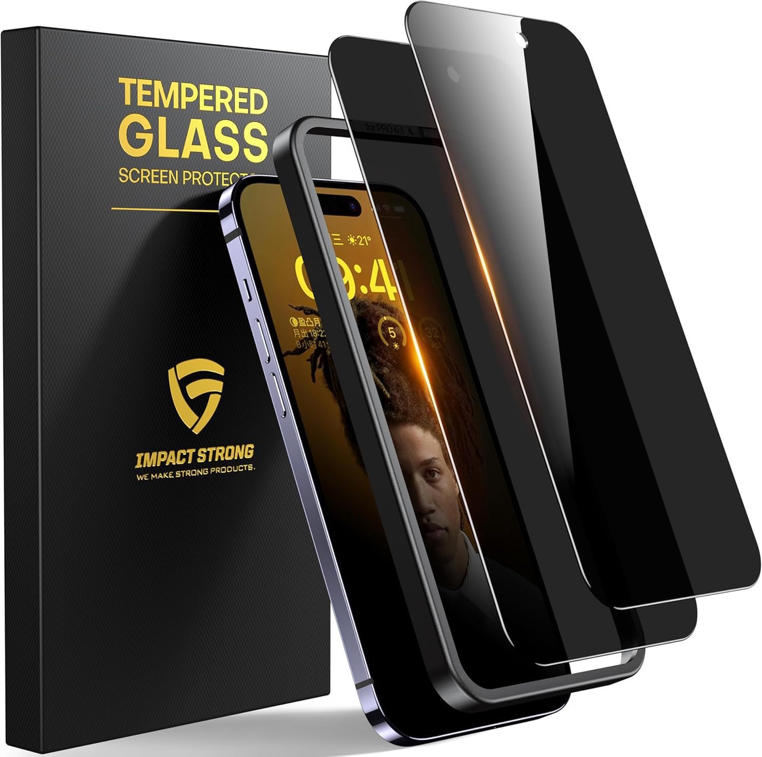 ImpactStrong Anti-Spy Privacy Screen Protector for iPhone 15 Pro (6.1-Inch), 9H Tempered Glass, Shatter-Resistant, Anti-Scratch, Easy Install Kit, Case Friendly, 2-Pack - Product Image