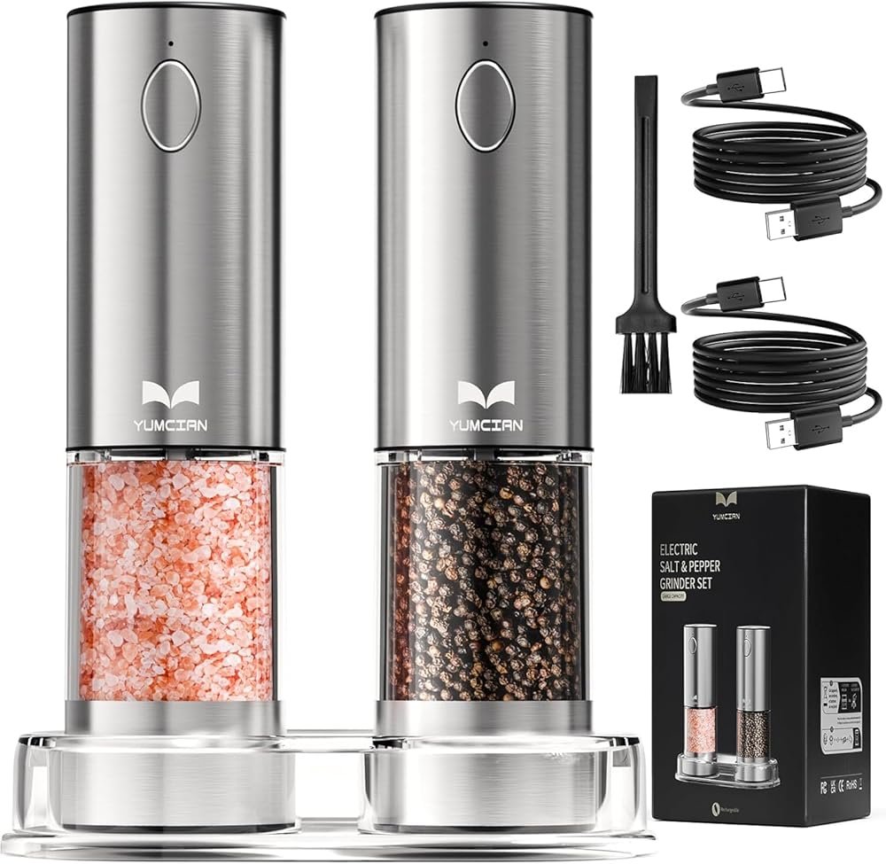 Electric Salt and Pepper Grinder Set Rechargeable, Yumcian Automatic Shakers Set with Adjustable Coarseness and LED Light, Stainless Steel Mill Set, Upgraded Larger Capacity - Product Image