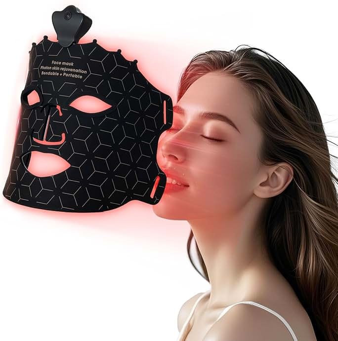 SUERBEATY Red Light Mask, 7 Colors Red Light Mask for Face, Cordless, Soft Flexible, Portable & Lightweight for Home & Travel, Rechargeable Facial Masks for Women & Men (Black) - Product Image