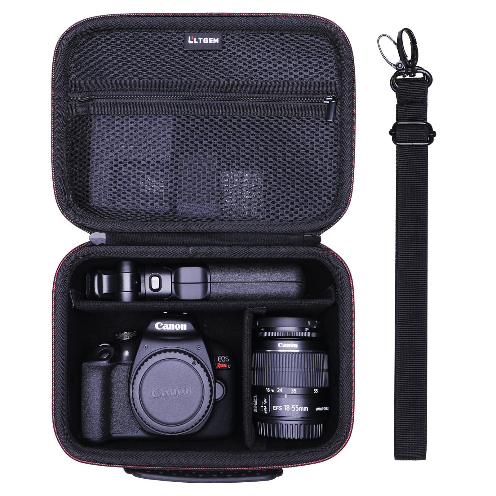 Camera Case Compatible with Canon EOS Rebel T7/R50/R6 Mark II/R100/R50 V/T6/R8/R10/R5 Mark II/RP/R7/5D Mark IV/SL3/R5/T100 DSLR SLR Camera, Len and Tripod with 4 Dividers and Shoulder Strap, Black - Product Image