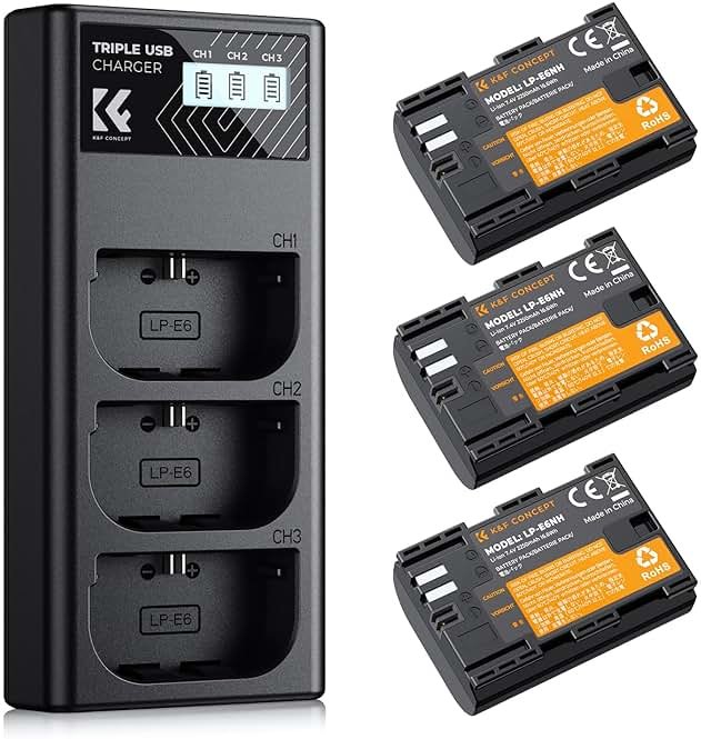 K&F CONCEPT 3-Pack LP-E6NH Battery and Triple Slot Charger Compatible with Canon EOS R7, R6, R5, R, 6D Mark II, 5D Mark IV, 5D Mark III, 5DS, 5DS R, 5D Mark II, 80D, 90D, 6D, 7D, 7D Mark II, 2250mAh - Product Image