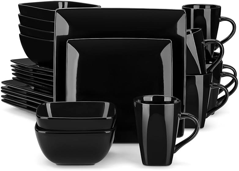 vancasso Soho Dinnerware Sets 24 Pieces, Black Stoneware Square Place Setting, Dinner Plate, Cups and Plates Sets for Kitchen, Dish Set for 6 - Product Image