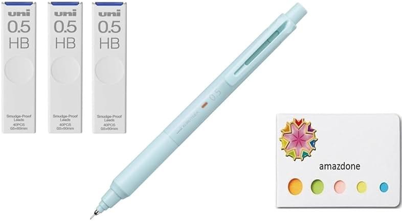 amazdone uni Kurutoga KS 0.5mm Mechanical Pencil Ice Blue (M5KS1P.32)+uni Mechanical Pencil Lead,The Uni Smudge-Proof Leads 0.5mm HB 3 Set Sticky Notes - Product Image