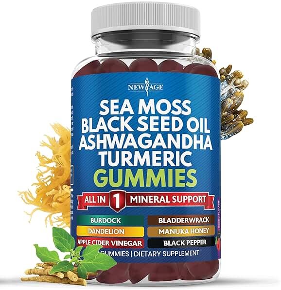 NEW AGE Sea Moss Gummies, Sea Moss, Black Seed, Ashwagandha, Turmeric, Manuka Honey, ACV, Dandelion, Black Pepper, Burdock, Bladderwrack, Vegan - 60 Count - Product Image
