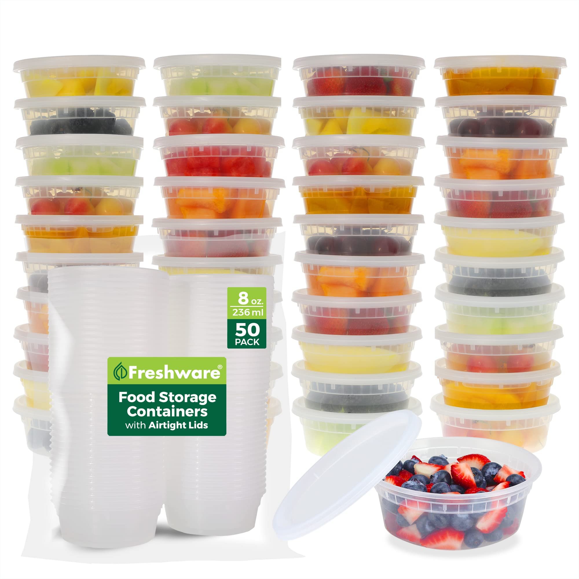 Freshware Food Storage Containers [50 Set] 8 oz Plastic Deli Containers with Lids, Slime, Soup, Meal Prep Containers, BPA Free, Stackable, Leakproof, Microwave, Dishwasher and Freezer Safe - Product Image