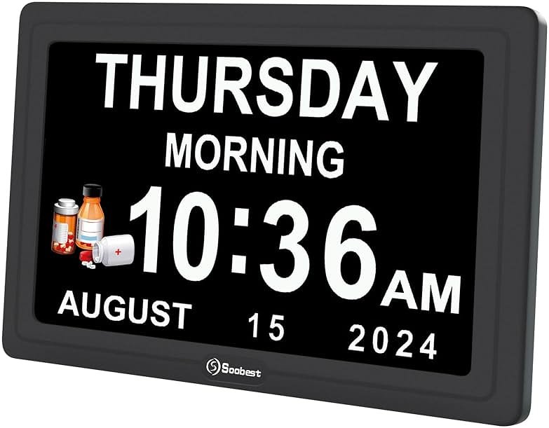 Soobest Dementia Digital Clock for Seniors Elderly, 20 Alarm Reminders 3 Ringtones for Memory Loss Alzheimers, Electric Time Date Day Large Display Calendar Clock, Auto DST, 1024 * 600P HD - Product Image