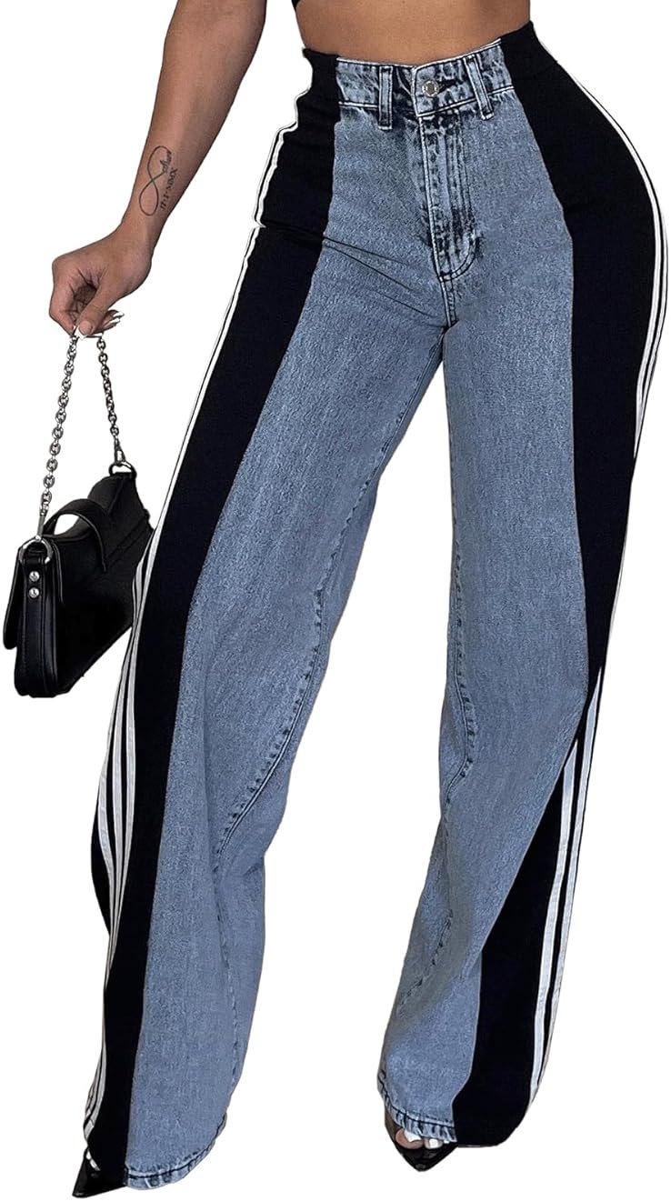 Angsuttc Womens Jeans with Patchwork Stripes High Waisted Stretchy Denim Color Block Straight Wide Leg Trendy Jean - Product Image