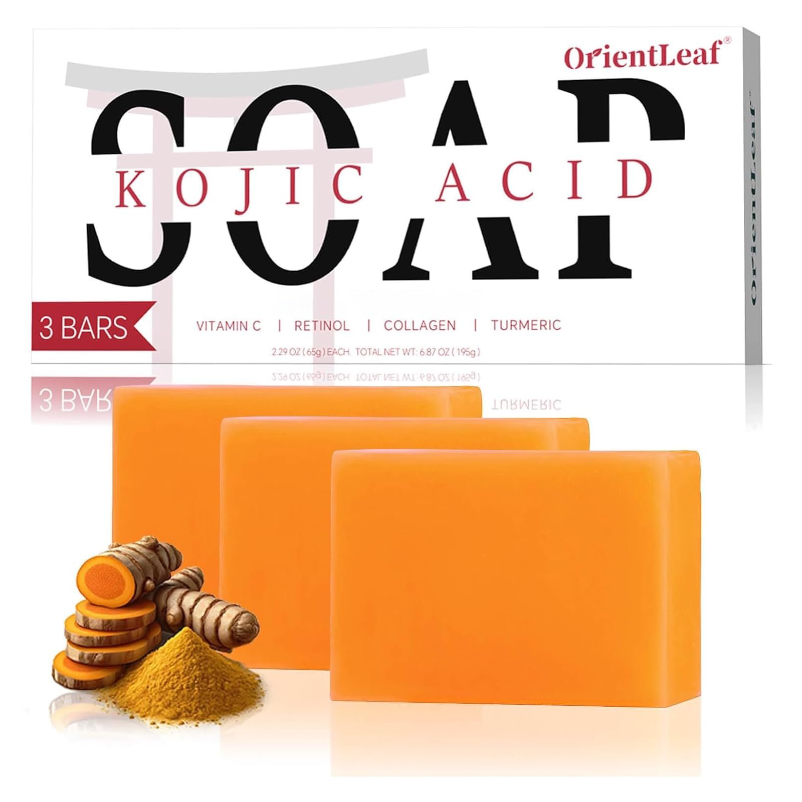 ORIENTLEAF Kojic Acid Soap, Turmeric Soap Bar for Dark Spots, Fresh Citrus Scent, Gentle for Face and Body Wash with Vitamin C, Shea Butter, Retinol, Gifts for Women (3 PACK) - Product Image