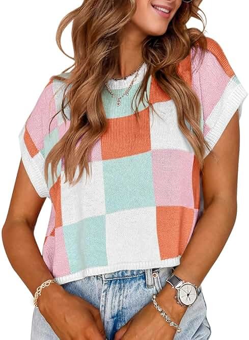 Womens Cute Summer Tops 2026 Short Cap Sleeve Sweater Color Block Trendy Crop Top Knit Vest Checkered Work Shirts Outfits - Product Image