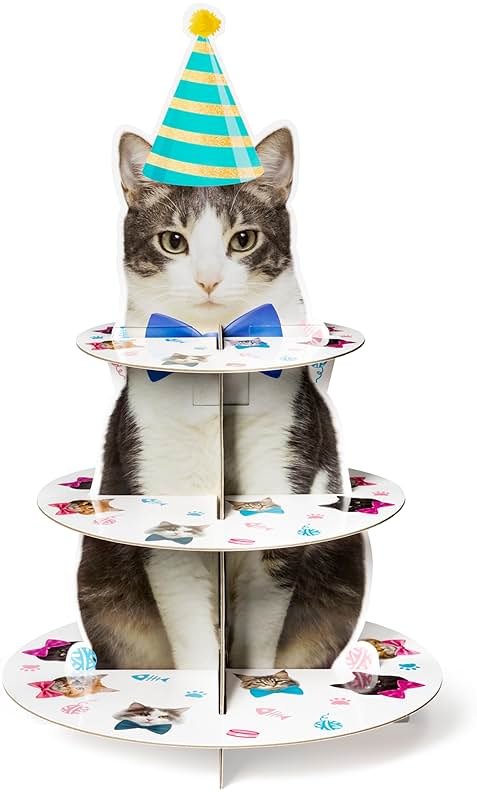 Haooryx Cute Cat Cupcake Stand - 3-Tier American Shorthair Cat Cupcake Tower Cardboard Dessert Holder Cake Stand Serving Tray Cat Theme Party Table Decoration Pet Lovers Kids Birthday Party Supplies - Product Image
