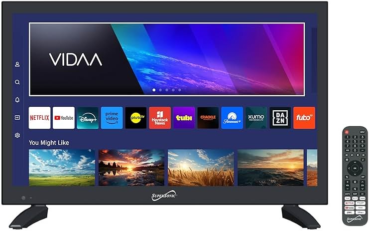 Supersonic SC-1920VTV 18.5inch Smart AC/DC LED TV, Powered by VIDAA, 1080p, WiFi, Built-in Speakers, USB, 3X HDMI ARC, for Kitchen, RV, Boat, Truck, Playroom, Dorm Room, Remote, DC Car Cord Included - Product Image