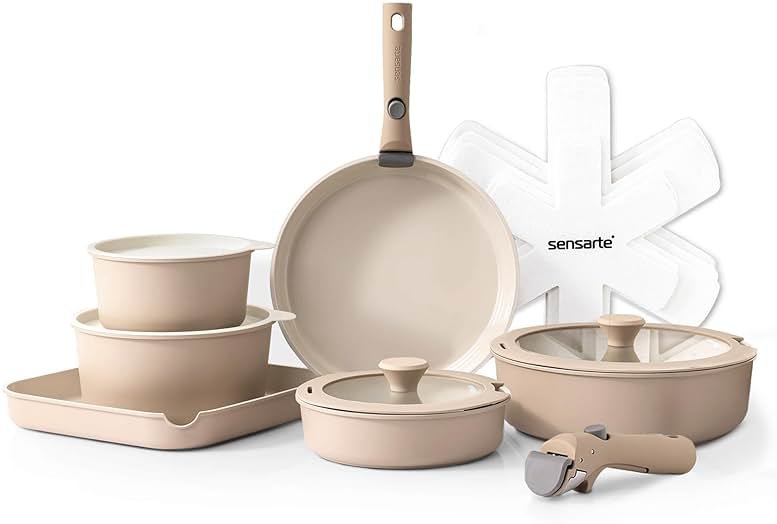 SENSARTE 17 Piece Ceramic Pots and Pans Set, Nonstick Detachable Handle Cookware, Induction Kitchen Cookware Set with Removable Handle, Dishwasher ＆ Oven Safe (Almond Beige) - Product Image