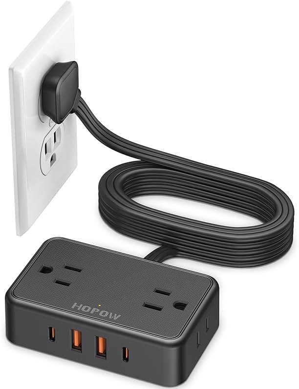 HOPOW Flat Plug Extension Cord, 6 Ft Ultra Thin Power Strip, 4 AC Wide Spaced outlets and 4 USB (2 USB-C) Ports, No Surge Protector for Cruise Ship, Travel, Dorm Room Essentials (Black) - Product Image