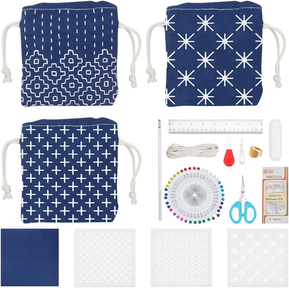INFUNLY 3 Set Sashiko Drawstring Bag Kits Sashiko DIY Tote Bag Kit Flower Sashiko Fabric Kit for Beginners Make Your Own Tote Bag with Thread Needles Hand Sewing Set for Adults - Product Image