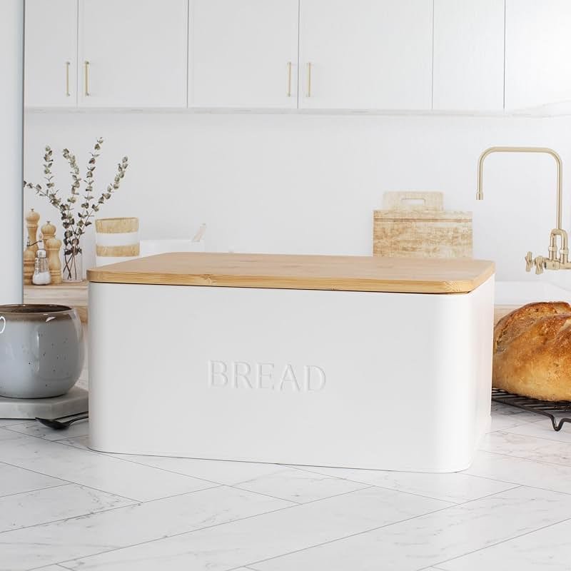 ZICOTO Beautiful Bread Box With Wooden Lid For Your Kitchen Countertop - Spacious Container Perfectly Stores Your Homemade Bread, English Muffins & Bagels - Quality Cutting Board Lid Keeps Loaf Fresh - Product Image