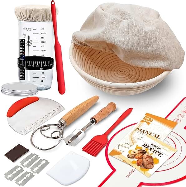 Complete Sourdough Starter Kit, Sourdough Bread Baking Supplies, Banneton Bread Proofing Basket with Sourdough Starter Jar, 9inch Round Bread Proofing Basket, for Bread Baking - Product Image