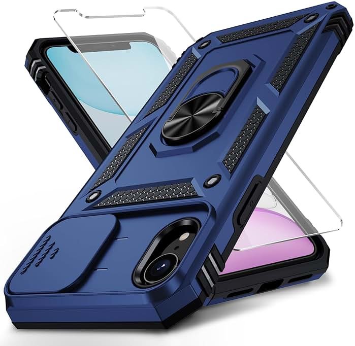 Weycolor for iPhone XR Case with Camera Lens Cover, HD Screen Protector, 10 FT Military Grade Drop Protection, Magnetic Ring Holder Kickstand Protective Phone Case, Navy Blue - Product Image