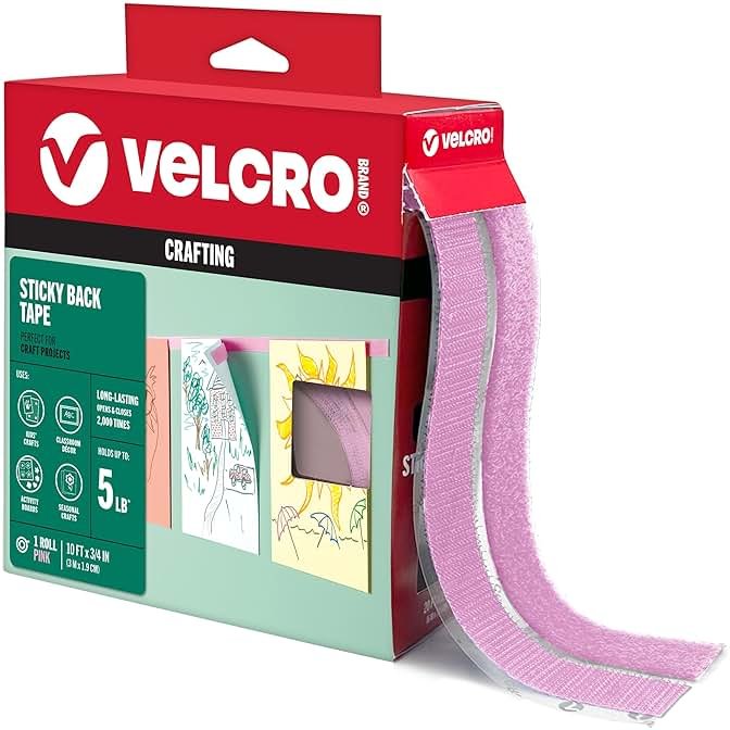 VELCRO Brand Colors | Pink Sticky Back Tape | 10ft Roll with Adhesive, Cut Strips to Length | Mount Classroom Décor, Create Seasonal Craft Projects | Organize Home or Office - Product Image