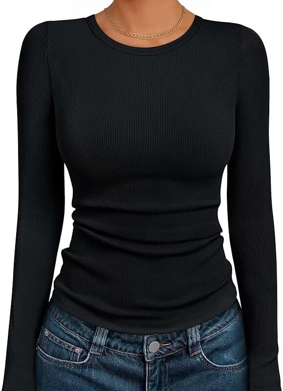 AUTOMET Women's Ribbed Long Sleeve Basic Top - Soft Stretch Crewneck Shirt for Work & Casual - Product Image