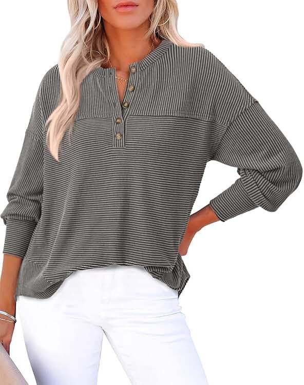 KIRUNDO Going Out Tops for Women Henley Shirts 2025 Casual Ribbed Knit Long Sleeve Tunic Summer Fall Button V Neck Blouse - Product Image