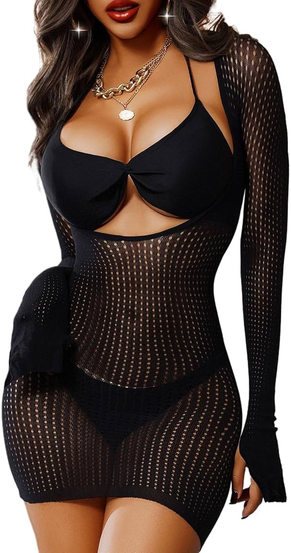 himifuns Fishnet Swimming Cover Up for Women - Summer Beach Mini Dress Swimsuit Cover-Up for 2025 - Product Image