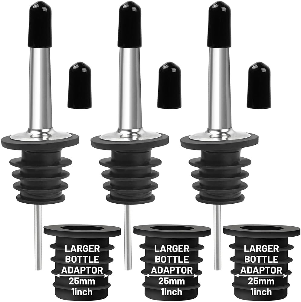 USEAMIE 3 Pack Stainless Steel Liquor Pour Spouts, Classic Bottle Pourers with 6 Caps, 3 Adapters for Large Neck Bottles, Also for Olive Oil, Juices and Syrups - Product Image