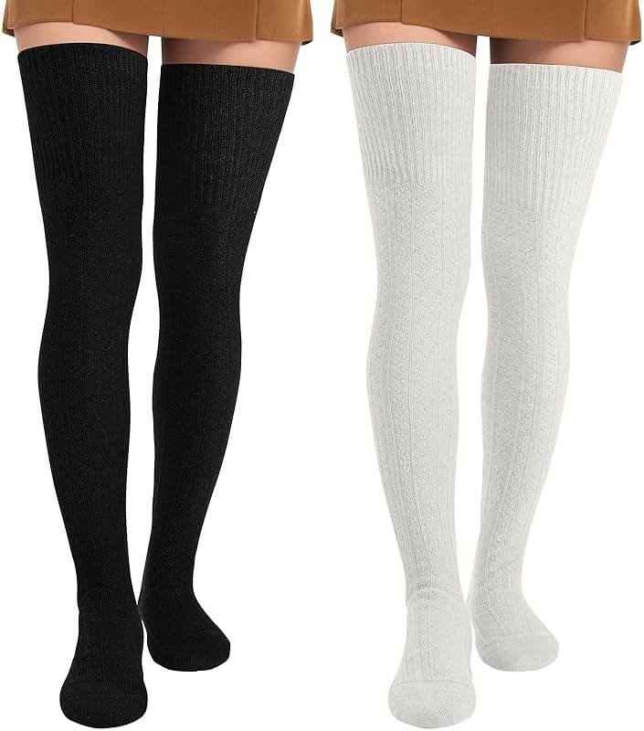 Pleneal Thigh High Socks - 2 Pairs Women's Thigh High Over Knee Socks Leg Warmers, Black & White - Product Image