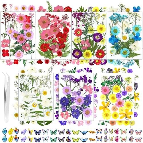 190 Pcs Dried Pressed Flowers for Resin, Real Dried Pressed Flowers for Resin Butterfly Stickers DIY Art with Tweezers Crafts Decorate for Candles Jewelry Nail Crafts - Product Image