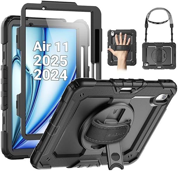 SEYMAC Case for iPad Air 11 Inch M4 / M3 / M2 (2026/2025 / 2024), Heavy Duty Shockproof Protective Case with Screen Protector, 360° Rotating Stand and Hand/Shoulder Strap, Black - Product Image