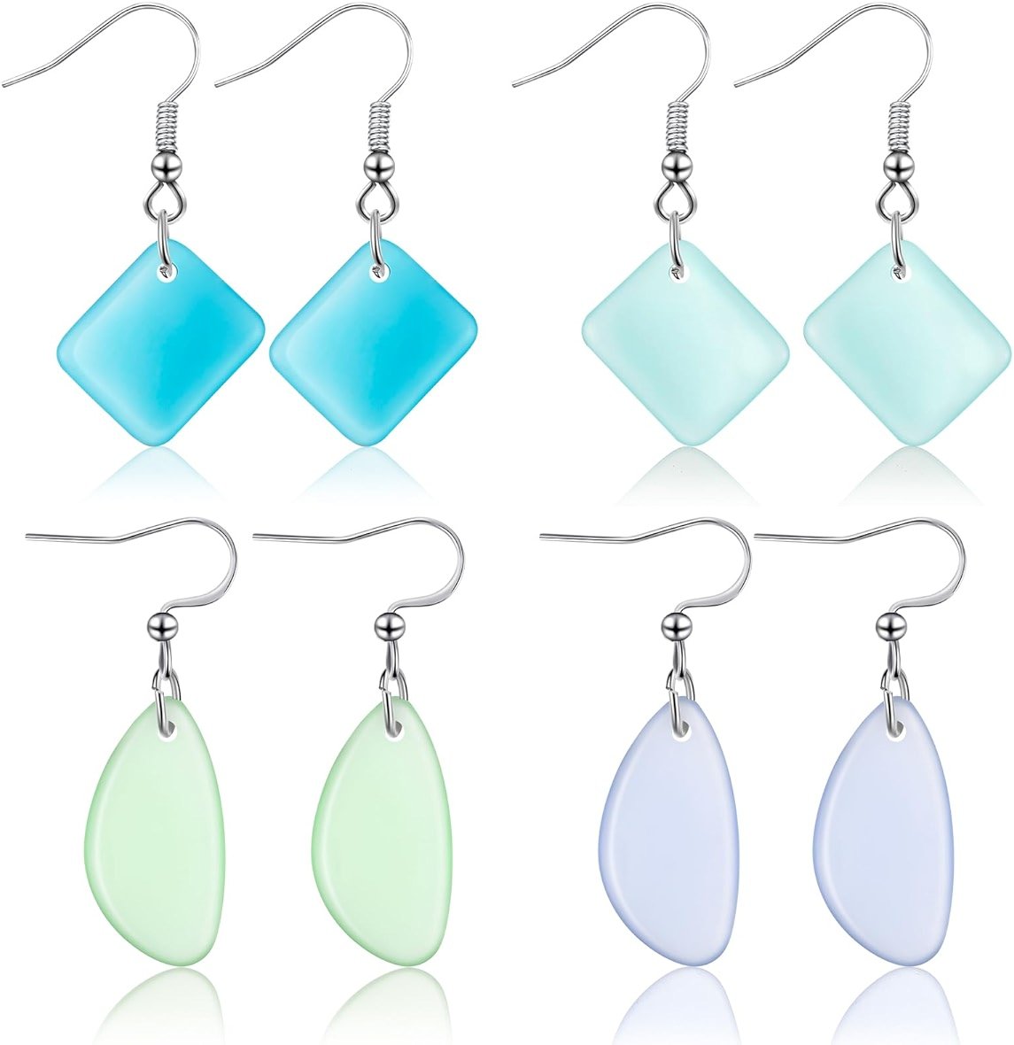 Kigeli 4 Pairs Sea Glass Earrings Recycled Sustainable Include 2 Charming Drop Earrings 2 Square Handmade Earrings for Women Ocean Beach Jewelry Christmas Gift Teacher Coworker Birthday Thanksgiving - Product Image