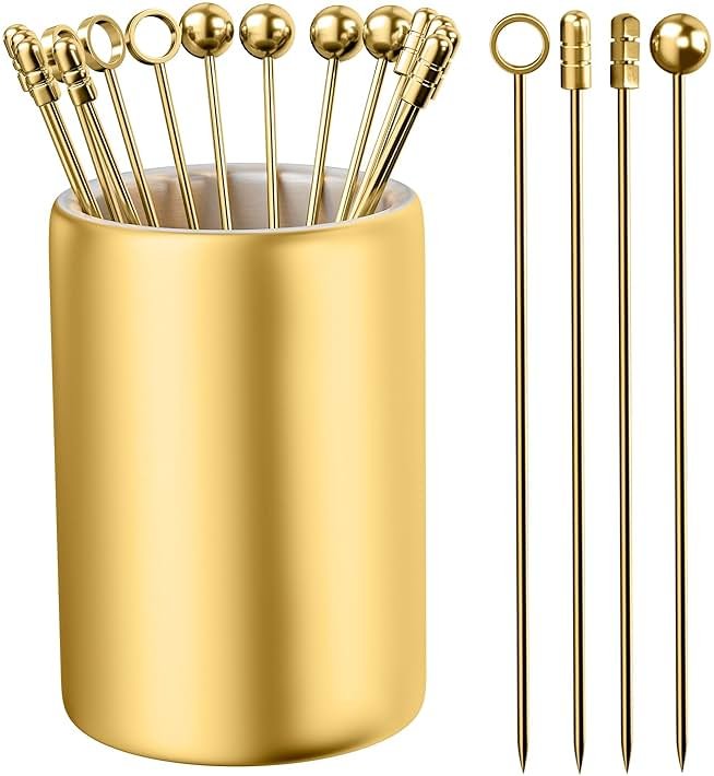 Metal Cocktail Picks 12Pack+Holder Kit, 304 Stainless Steel Toothpicks, Reusable Cocktail Skewers, Garnish Picks Bloody Mary Skewers, Martini Picks for Olives Appetizers Fruit (Mix Gold) - Product Image